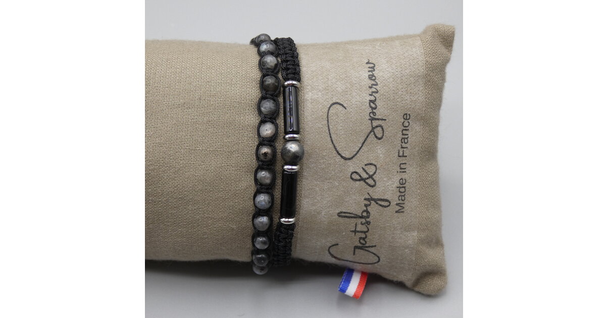 Bracelet Homme En Pierres Naturelles - Larvikite, Agate Noire, Héssonite Et Hématite Dorée